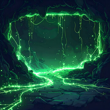 Glowing green neon light in cave.
