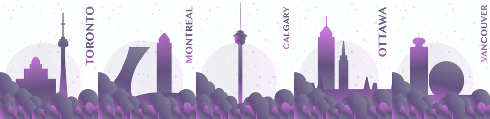 Naklejka premium Toronto, Montreal, Calgary, Ottawa, Vancouver - Canada gradient travel city poster pack. Landmarks and skylines series for brochure, web design, digital art, cover