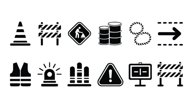 A set of road signs and construction symbols in black and white Japanese culture