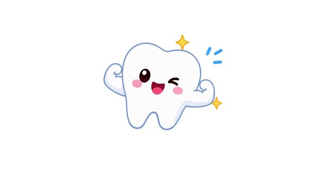 Cute smiling tooth flexing muscles with sparkles