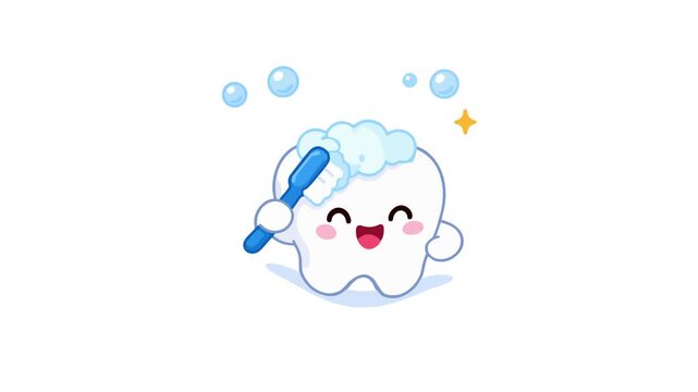 Cute cartoon tooth character brushing teeth with blue toothbrush and bubbles