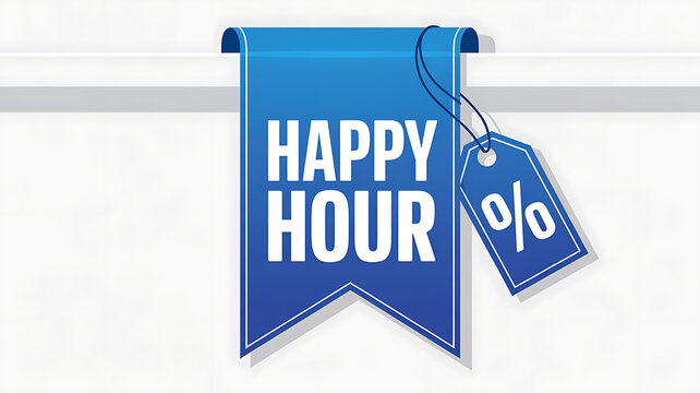 Blue ribbon banner with Happy Hour text and percentage tag image photo