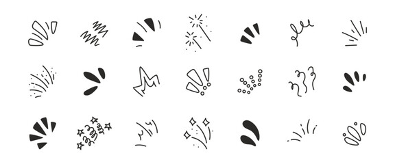 Plakat Surprise manga effect icons with dynamic lines and comic elements. Vector cartoon splash bursts and exclamation marks create cute pop sparkles. Hand drawn chalk anime surprise emphasis stars.