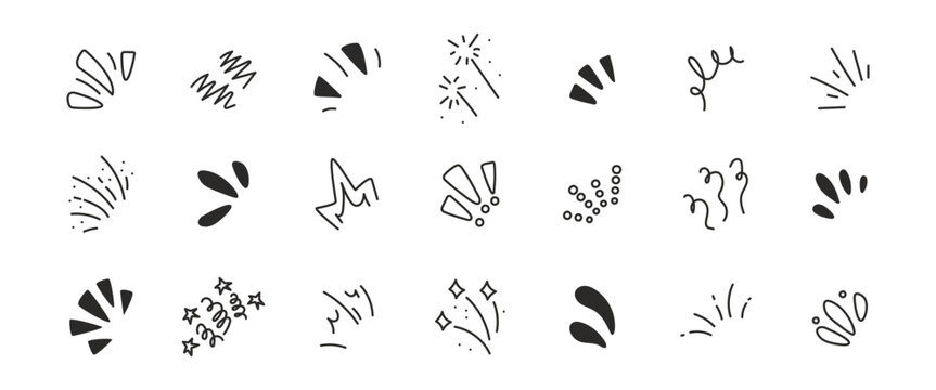 Surprise manga effect icons with dynamic lines and comic elements. Vector cartoon splash bursts and exclamation marks create cute pop sparkles. Hand drawn chalk anime surprise emphasis stars.