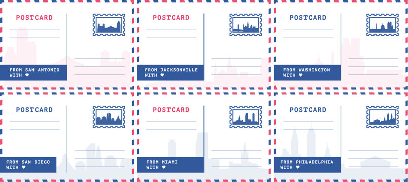 San Antonio, Jacksonville, Washington, San Diego, Miami, Philadelphia postcard collection. Vector art, vintage style american cities envelope with landmarks stamps and message space