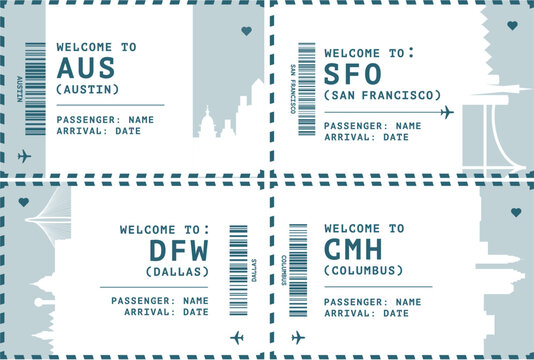Austin, San Francisco, Dallas, Columbus boarding pass set. USA vector card series, illustration bundle with airport code, skyline, flight info. Luggage tag image layout
