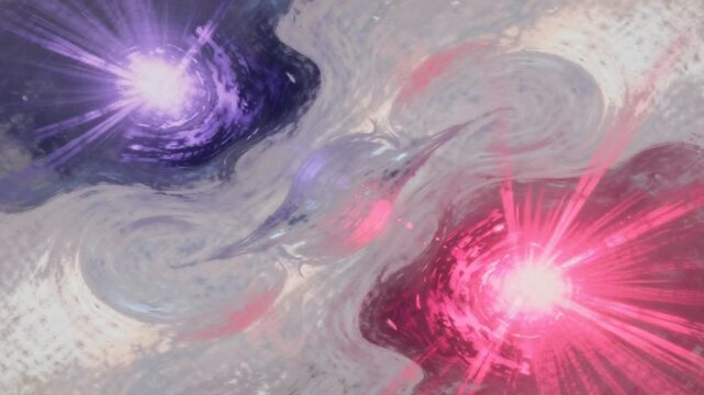 Vibrant purple and pink lights collide in a swirling cosmic scene.