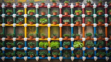 Fototapeta premium Colorful Vertical Succulent Garden Display With Decorative Plant Pots