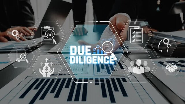 Business professionals conducting due diligence analysis with charts, graphs, and icons symbolizing data evaluation processes and decision making strategies Sigmoid