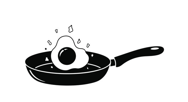 Fried egg crackles inside a hot metal frying pan as steam rises, capturing a minimalist culinary moment perfect for restaurant menu branding or breakfast themed lifestyle advertising visuals.