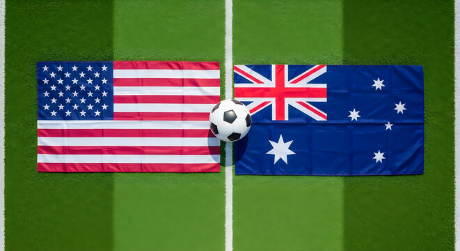 Usa versus australia soccer match flags and ball on artificial turf