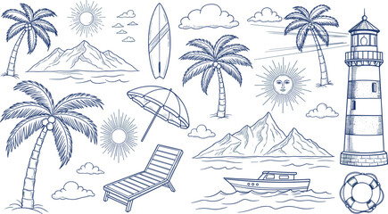 Tropical Beach Icons Set Featuring Palm Trees, Surfboards, Mountains, Lighthouse, and Nautical Elements for Summer and Vacation Designs © Art by Chandon