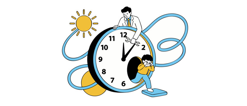 Circadian rhythm biological clock adjustment doctor fixing time for crying boy on scale, flat vector illustration symbolizing sleep disorder, daylight saving time, stress and health management.