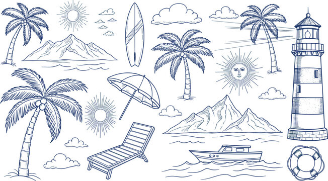 Tropical Beach Icons Set Featuring Palm Trees, Surfboards, Mountains, Lighthouse, and Nautical Elements for Summer and Vacation Designs