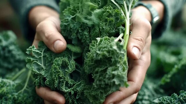 Hands holding fresh green kale leaves in soft natural light during harvest in a garden