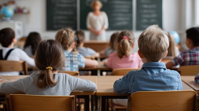 Young students sitting at desks, listening to a teacher in a school classroom