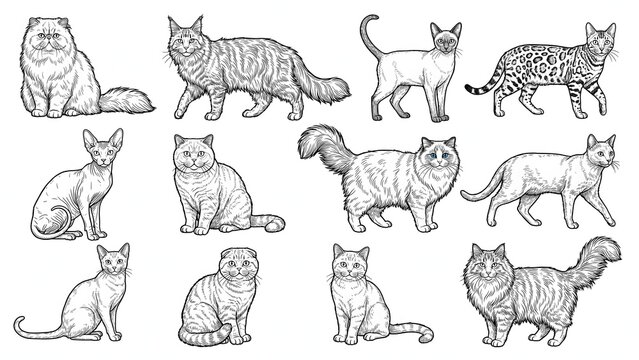 Cat breeds set sketch hand drawn vector illustration isolated on white background