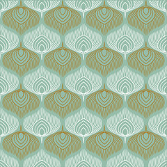 Fototapeta premium Art Deco Peacock Feather Seamless Pattern in Sage Green and Gold