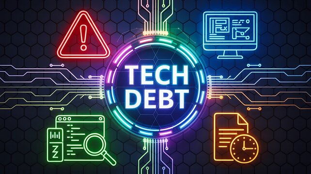 Technology Debt Concept With Digital Icons And Cyber Background