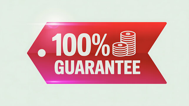 Red banner with 100% GUARANTE text and stack of coins icon guarantee percentage