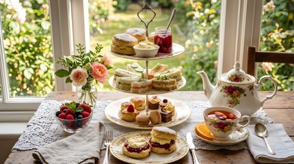 Fototapeta premium Elegant afternoon tea set on a wooden table by a sunny garden window, featuring scones with jam and cream, finger sandwiches, macarons, fresh berries and vintage floral china.