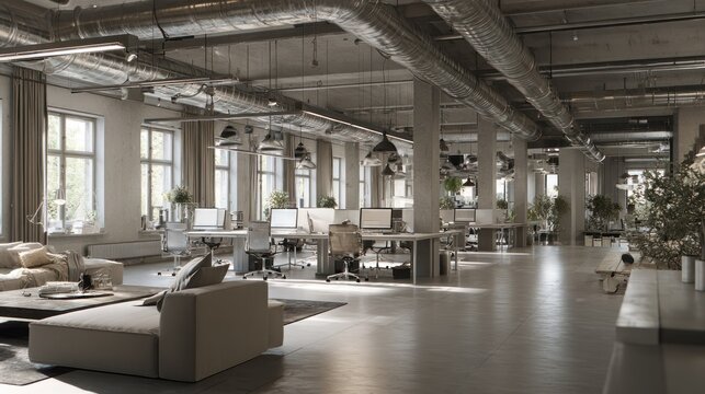 Large industrial style workspace showcases exposed ductwork and open layout with modular seating