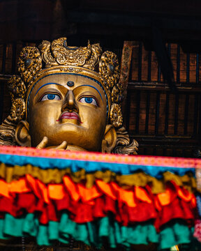 Close-up of the Migjid Janraisig statue inside Gandantegchinlen Monastery in Ulaanbaatar, Mongolia