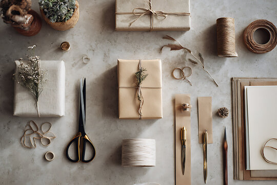 Elegant gift wrapping with kraft paper and twine for a personal touch, perfect for holidays or special occasions, conveying thoughtfulness and care