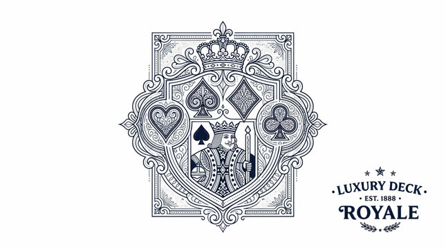Luxury Deck Royale Playing Card Emblem with King, Suits, Crown