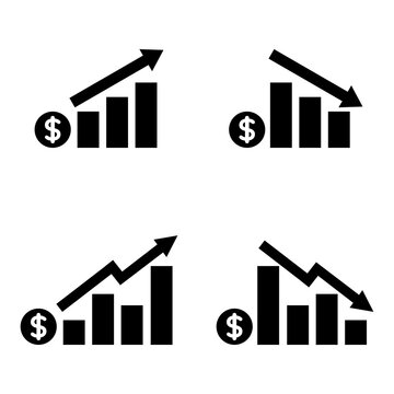 Financial growth and decline chart icons set with dollar symbols, business analytics, profit trends, loss indicators, investment performance, and market statistics.