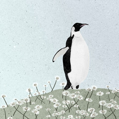 Ilustracja jeden duży pingwin stojący na łące z kwiatami. © Monika
