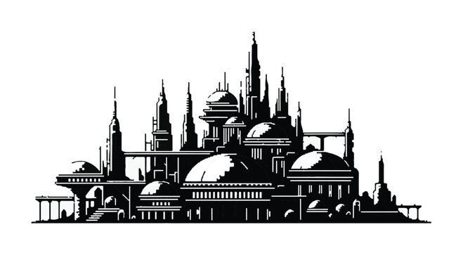 Cityscape featuring a futuristic architectural skyline with domes and towers is depicted in a detailed black and white silhouette style to represent urban planning, technology, or travel concepts.
