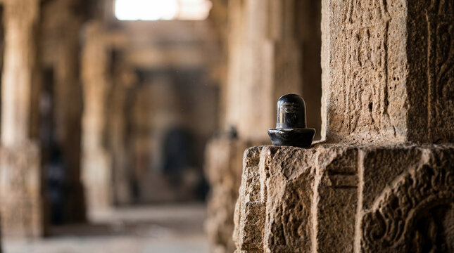 Selective focus on Shivalinga statue, isolated on rough column. Black idol made with marble. Symbol of God Shiva.