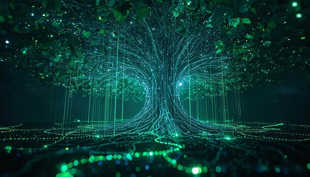 Futuristic AI Server Tree Growing Fiber Optic Roots Underground, Data Ecosystem Concept