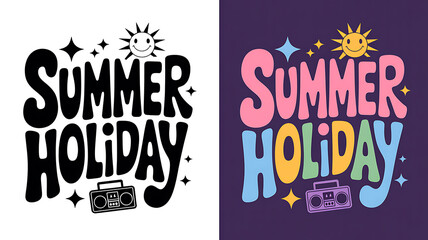 Obraz premium Summer Holiday retro wavy text with sun and boombox illustration typography