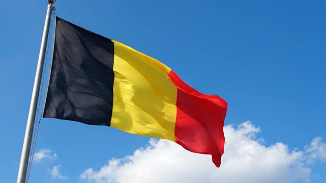 The national flag of belgium waving against a clear blue sky