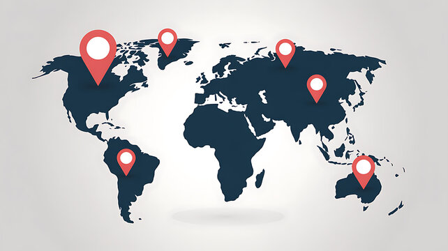 World map with red location pins marking various continents and countries global navigation