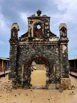 Ruins of St Antony's Church in Ghost town of Dhanush Kodi which was destroyed by a devastating cyclone in 1964