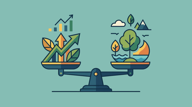 Flat vector illustration of a balance scale comparing economic growth with environmental sustainability featuring business charts, green arrows, trees, mountains, and water icons on teal.