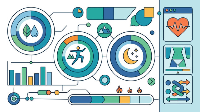 Flat vector health and fitness dashboard infographic with circular progress trackers, bar charts, heart rate, sleep cycle, hydration, and exercise icons in a modern line art style.