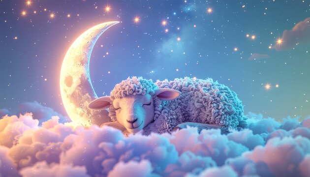 月夜に眠る丸い羊の癒し背景素材