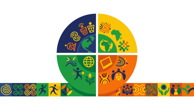 Abstract vector graphic of a circle divided into four color quadrants featuring global maps, human silhouettes, floral icons, and cultural symbols, set against a white background.