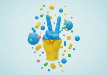 Fototapeta premium 3d render of a hand making a peace sign colored in the ukrainian flag colors surrounded by floating geometric shapes on a light blue background