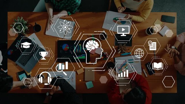 Diverse group of professionals collaborating on innovative ideas using technology and visual aids in a modern workspace, focusing on creativity and teamwork Gluon.