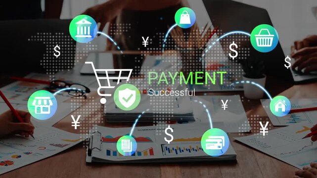 Successful Payment Process with E-commerce Iconography and Digital Transaction Elements on a Business Table with Charts and Laptops Gluon.