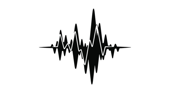Audio waveform visualizing sharp amplitude peaks and troughs represents the measurement of sound frequency, acoustic analysis, and data signal processing in a clean, professional graphic format.