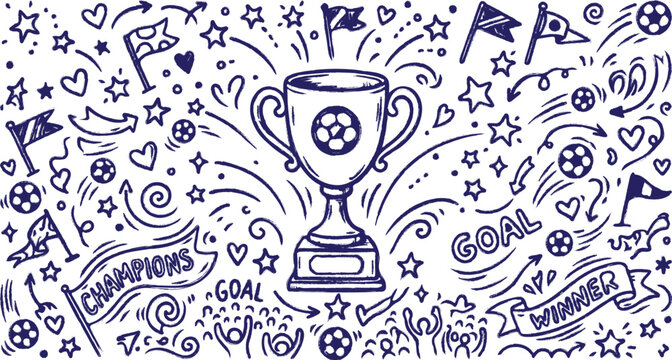 Hand drawn soccer championship trophy and football match elements doodle set isolated on white background