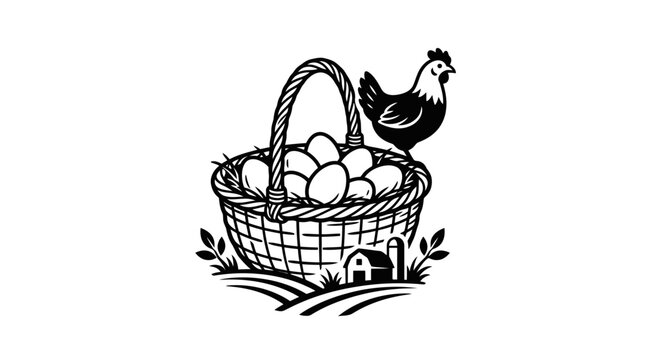 Chicken standing on egg basket.