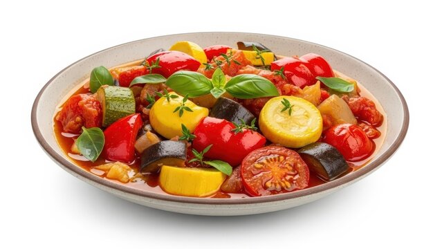 Classic ratatouille dish with fresh summer vegetables colorful zucchini, ripe tomatoes, and tender eggplant, simmered with aromatic herbs for a healthy and delicious meal