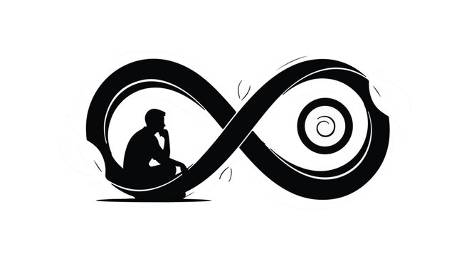 Person silhouette sitting inside an infinity loop symbol portrays deep contemplation and philosophical thought regarding the endless cycle of life and the nature of human existence and wisdom.